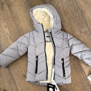 DKNY Light Gray Hooded Puffer Coat